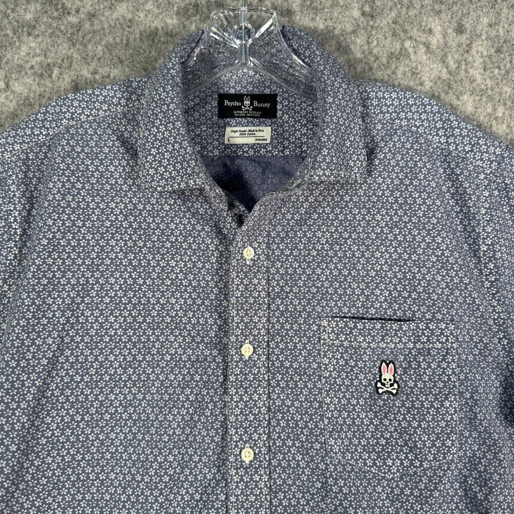 Psycho Bunny Shirt Mens Large Blue Floral Print Short Sleeve Single Needle